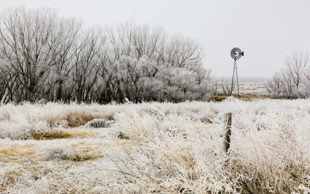 Windmill stands still on a frosty winter's morning in the plains of western Kansas, February 2019 - stock photo